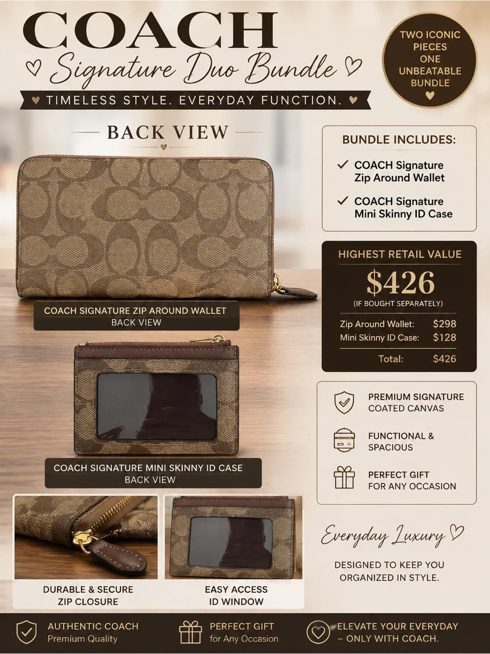 COACH Signature Zip Around Wallet & Mini Skinny ID Case